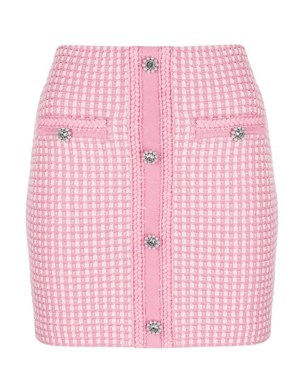 NWT Self-Portrait Pink Gingham Crystal Button Knit Mini Skirt Barbie sz L